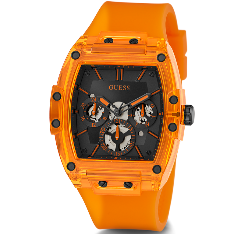 Guess Phoenix Multifunction Black Dial Orange Rubber Strap Watch For Men - GW0203G10