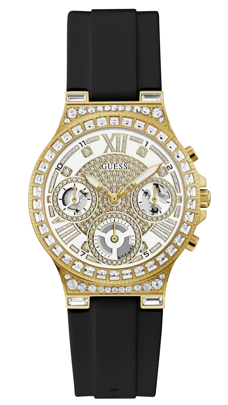Guess Moonlight Crystals Silver Dial Black Silicone Strap Watch For Women - GW0257L1