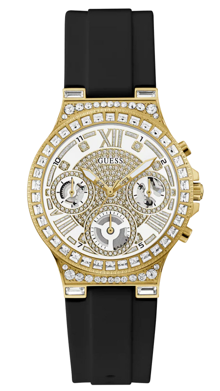 Guess Moonlight Crystals Silver Dial Black Silicone Strap Watch For Women - GW0257L1