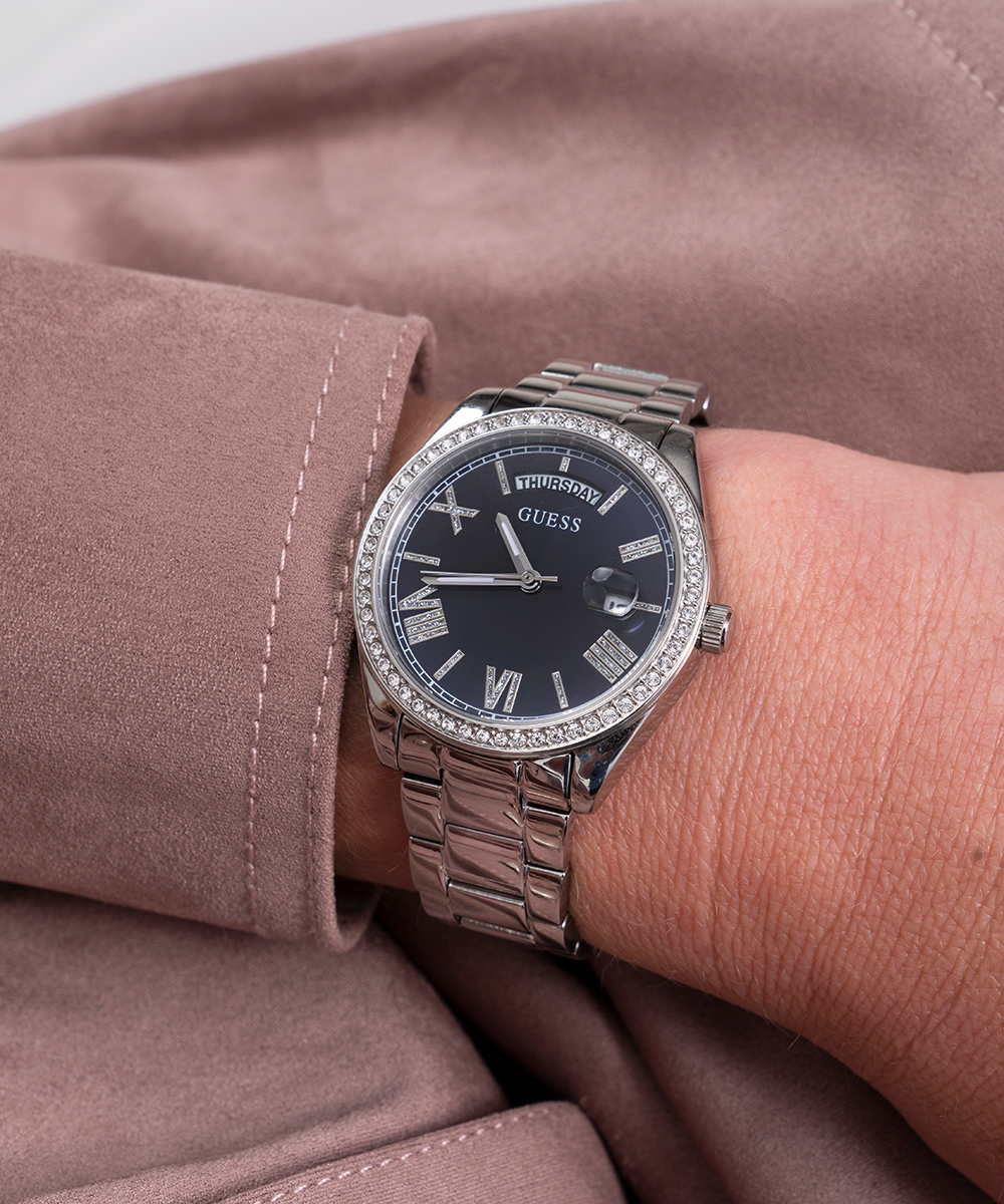 Guess Luna Diamonds Blue Dial Silver Steel Strap Watch for Women - GW0307L1