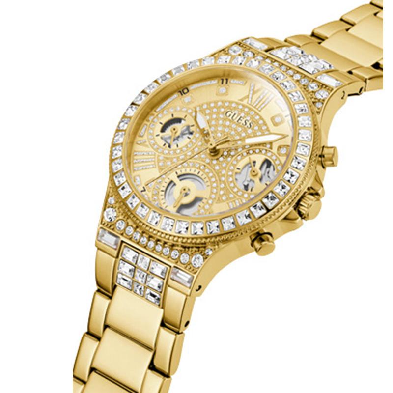 Guess Moonlight Multi Function Diamonds Gold Dial Gold Steel Strap Watch for Women - GW0320L2