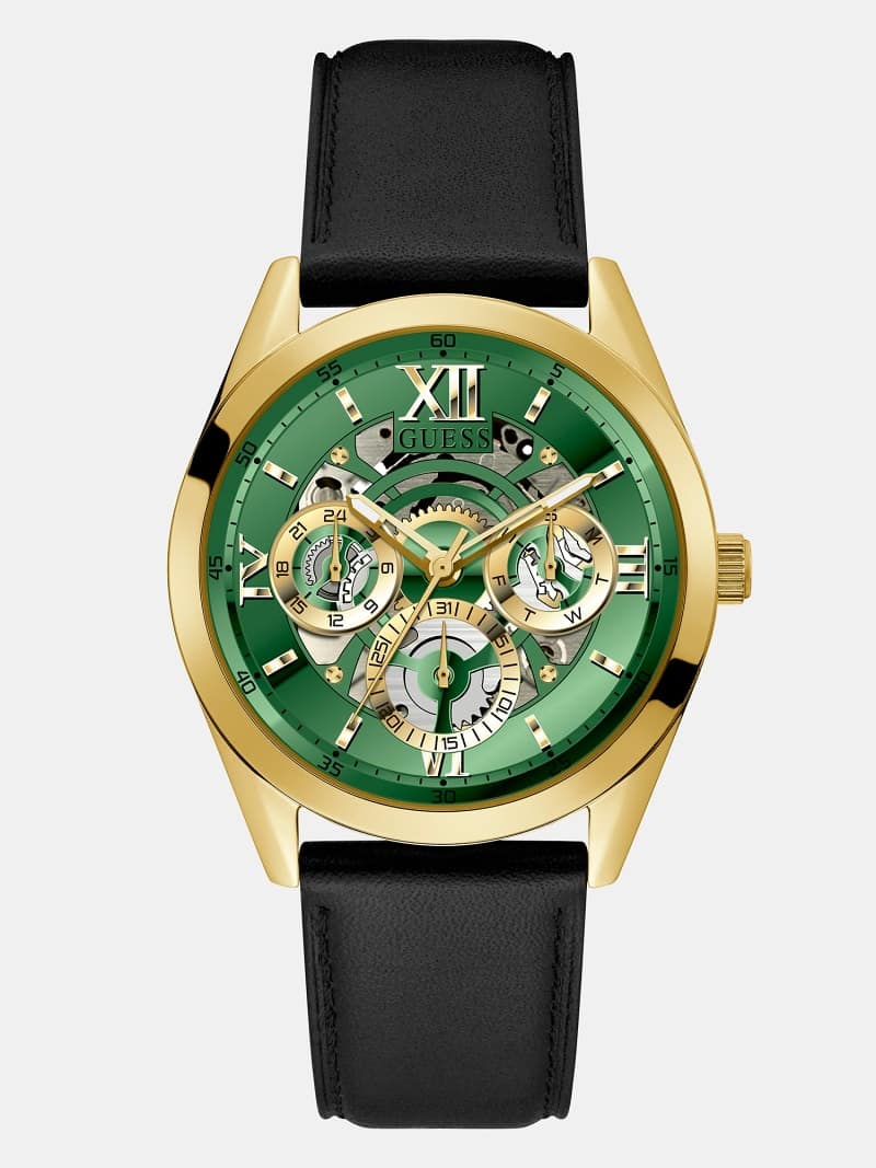 Guess Multifunction Chronograph Green Dial Black Leather Strap Watch For Men - GW0389G7