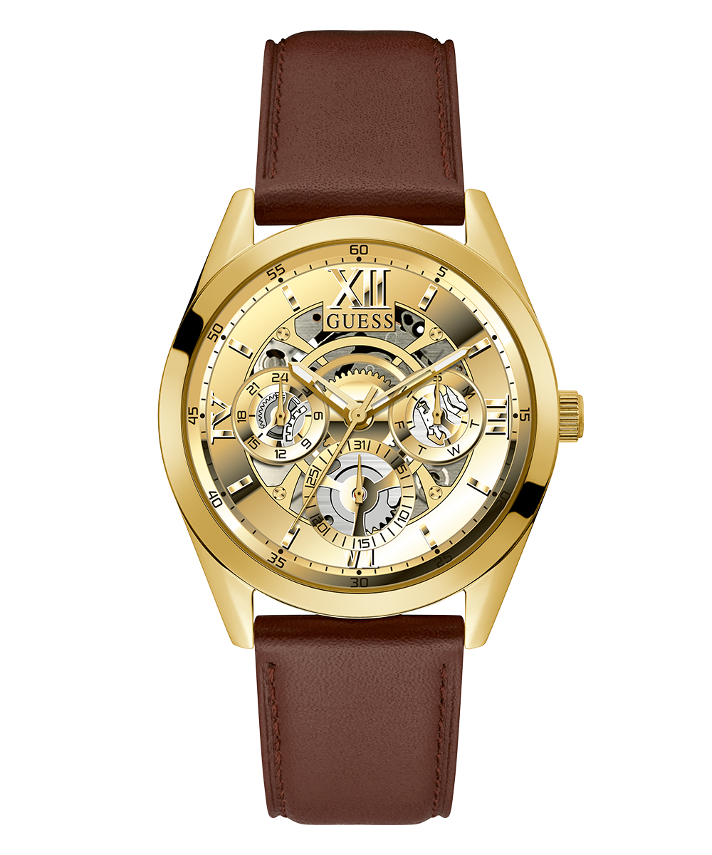 Guess Multifunction Chronograph Gold Dial Brown Leather Strap Watch For Men - GW0389G5