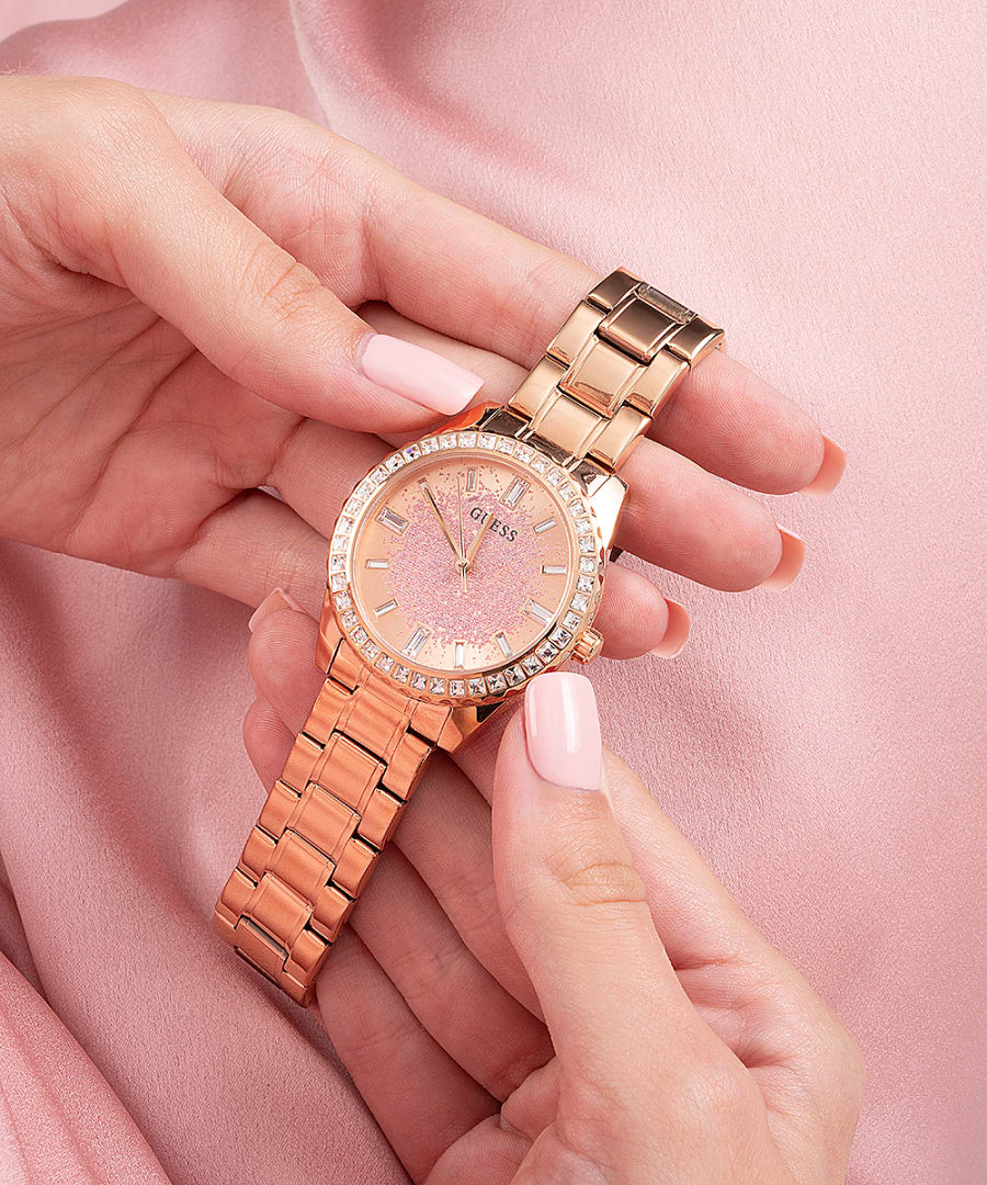 Guess Glitter Diamonds Pink Dial Rose Gold Steel Strap Watch for Women - GW0405L3