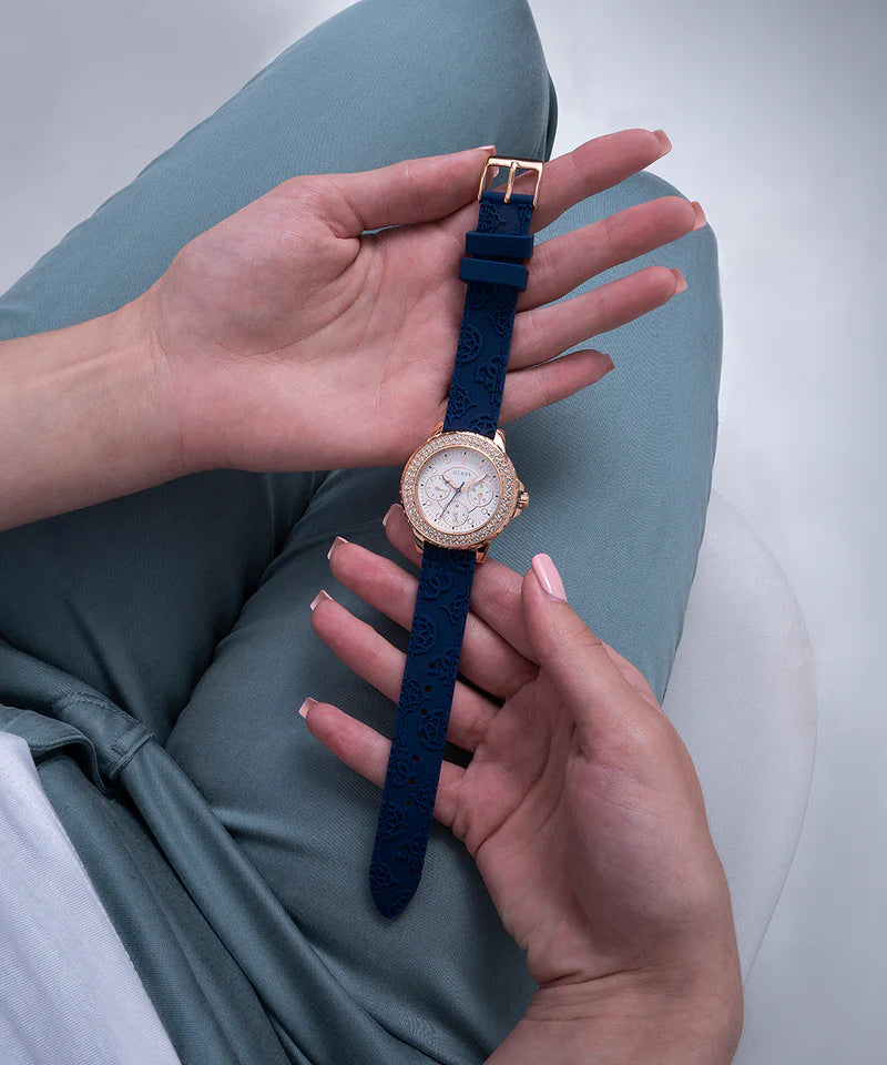 Guess Crown Jewel Diamonds White Dial Blue Rubber Strap Watch for Women - GW0411L2