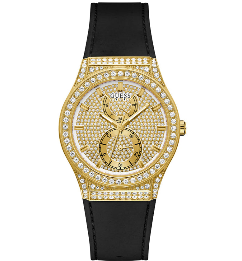 Guess Princess Crystals Gold Dial Black Silicone Strap Watch For Women - GW0439L2