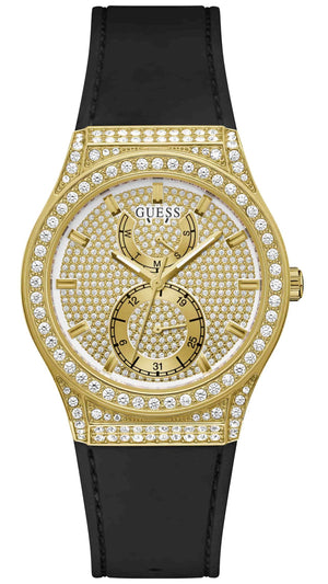 Guess Princess Crystals Gold Dial Black Silicone Strap Watch For Women - GW0439L2