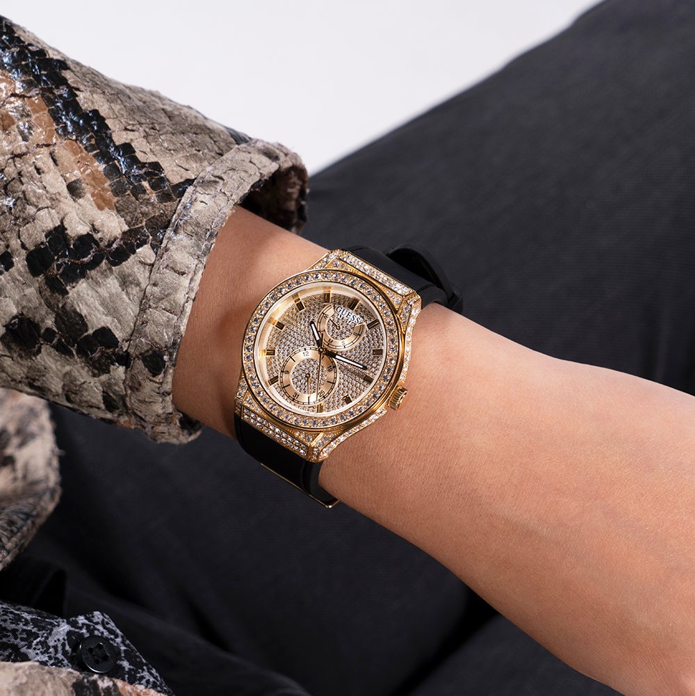 Guess Princess Crystals Gold Dial Black Silicone Strap Watch For Women - GW0439L2