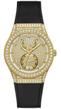 Guess Princess Crystals Gold Dial Black Silicone Strap Watch For Women - GW0439L2