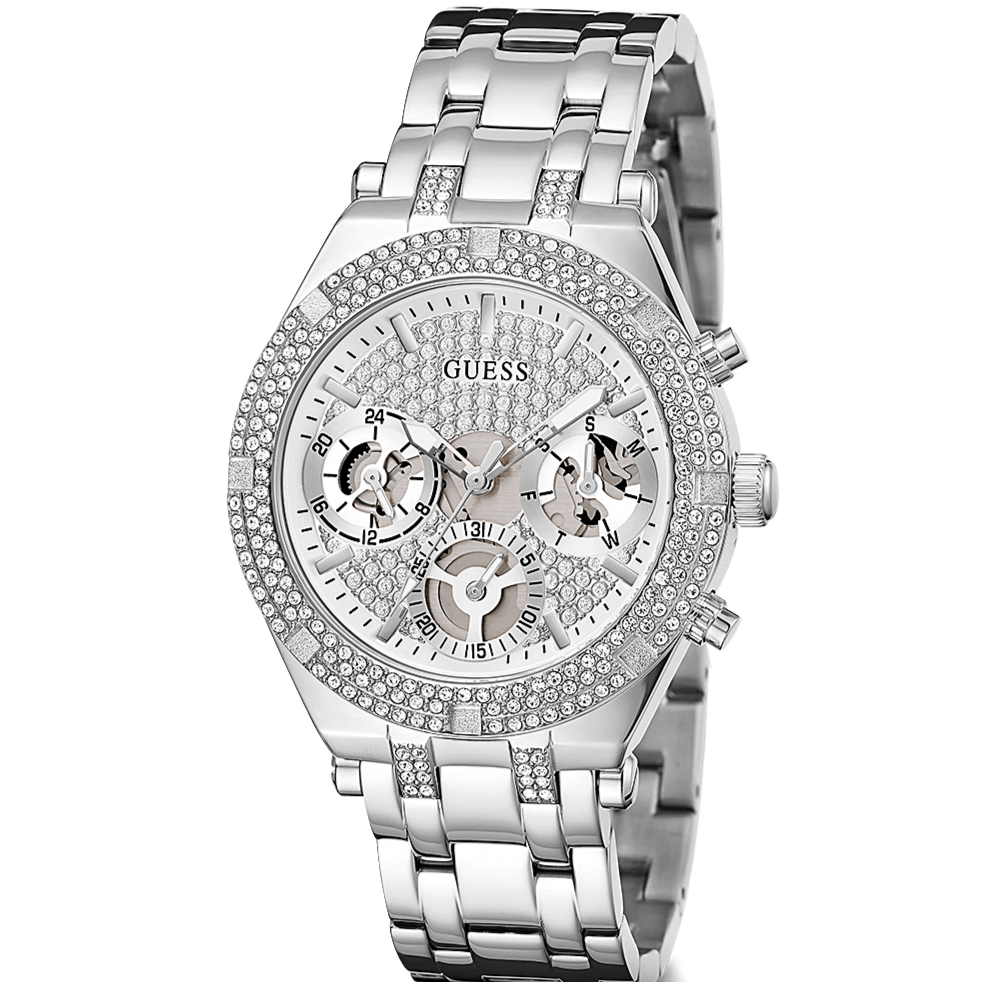 Guess Heiress Multifunction Diamonds Silver Dial Silver Steel Strap Watch for Women - GW0440L1