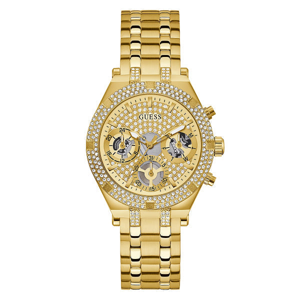 Guess Heiress Multifunction Diamonds Gold Dial Gold Steel Strap Watch for Women - GW0440L2