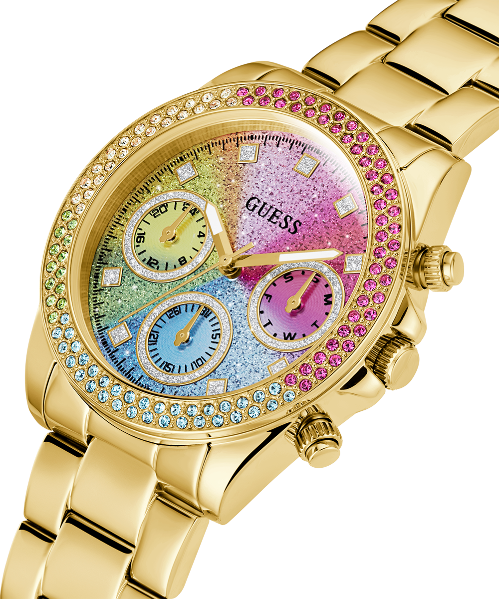 Guess Confetti Chronograph Rainbow Dial Gold Steel Strap Watch For Women - GW0483L4