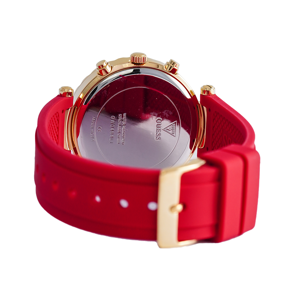 Guess Solstice Diamonds Gold Dial Red Rubber Strap Watch for Women - GW0484L1