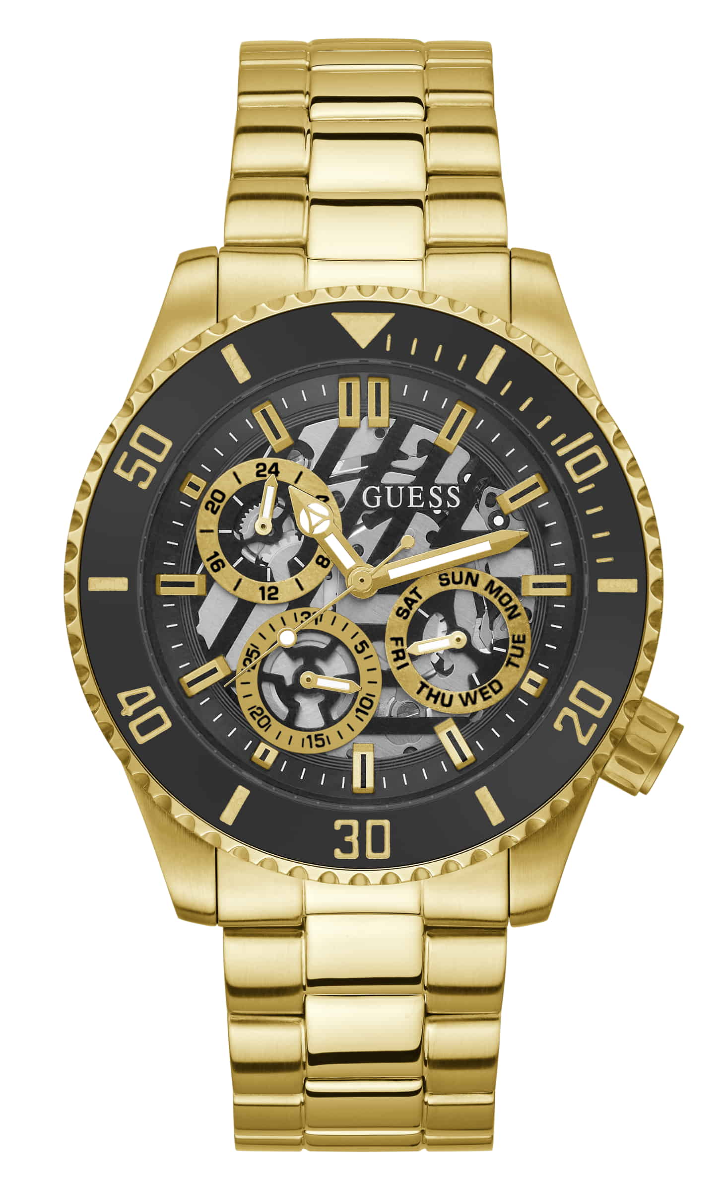 Guess Axle Multifunction Black Dial Gold Steel Strap Watch For Men - GW0488G2