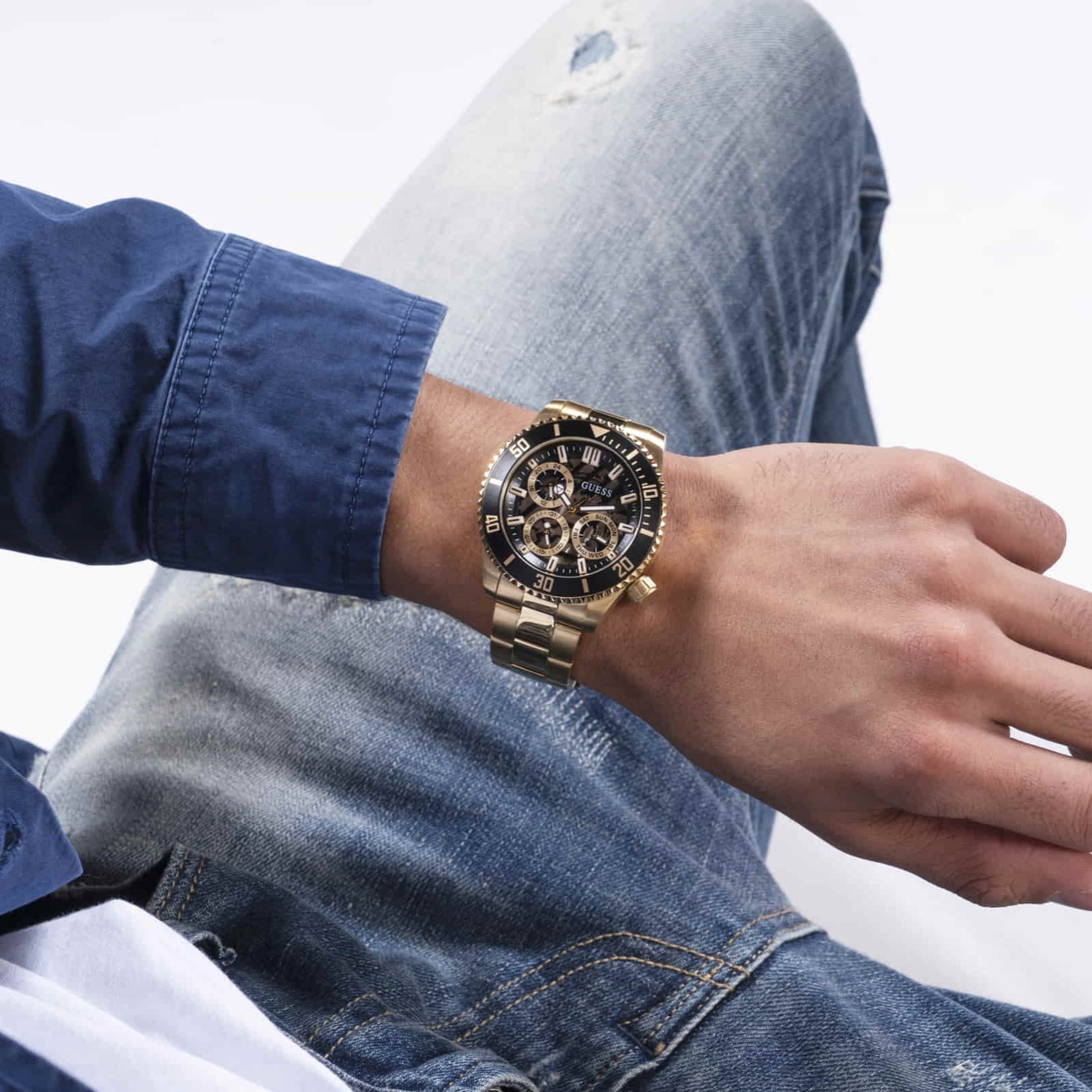 Guess Axle Multifunction Black Dial Gold Steel Strap Watch For Men - GW0488G2