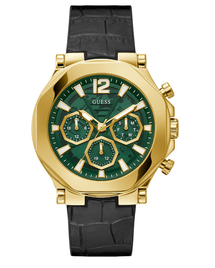 Guess Edge Chronograph Green Dial Black Leather Strap Watch For Men - GW0492G3