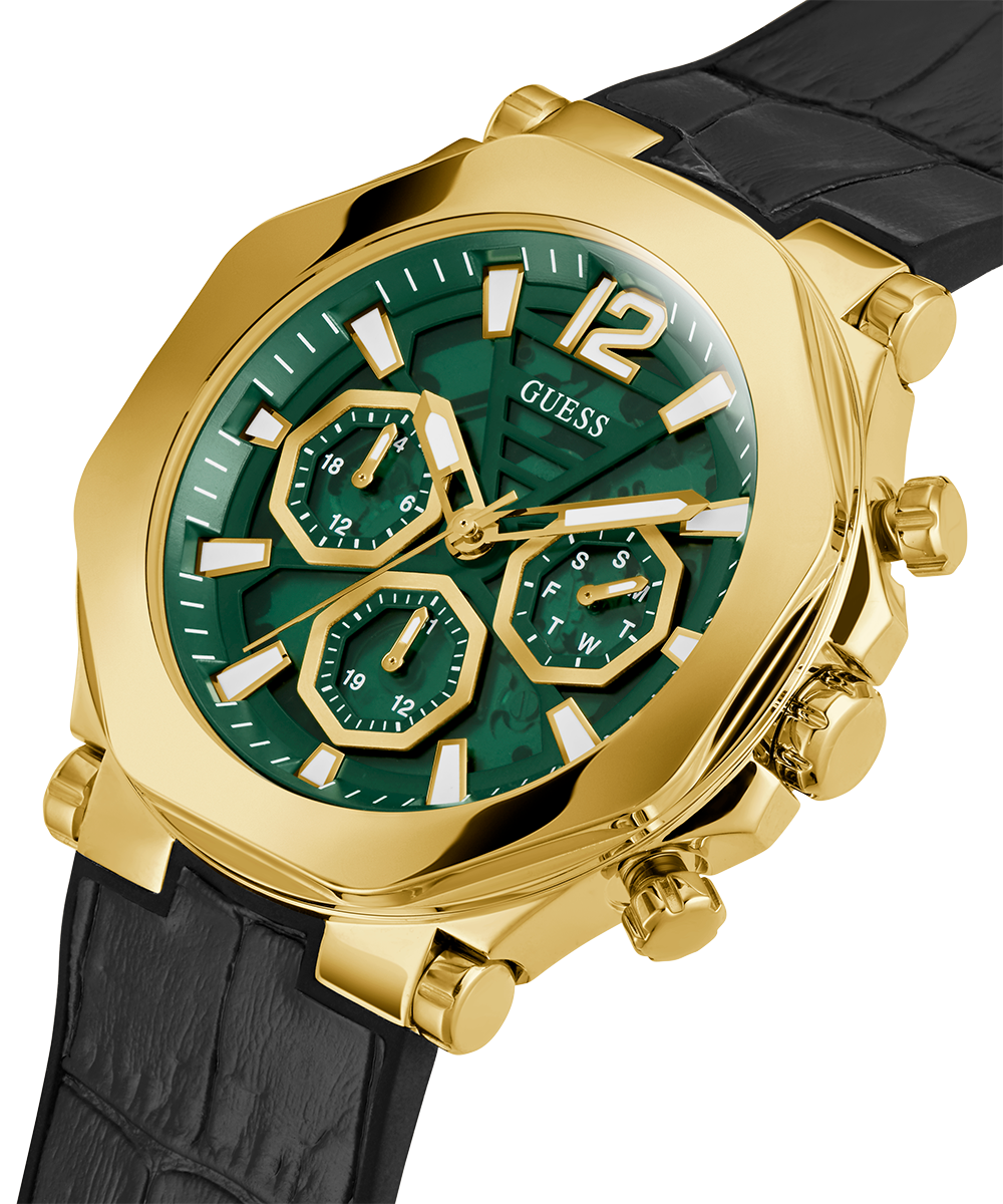 Guess Edge Chronograph Green Dial Black Leather Strap Watch For Men - GW0492G3