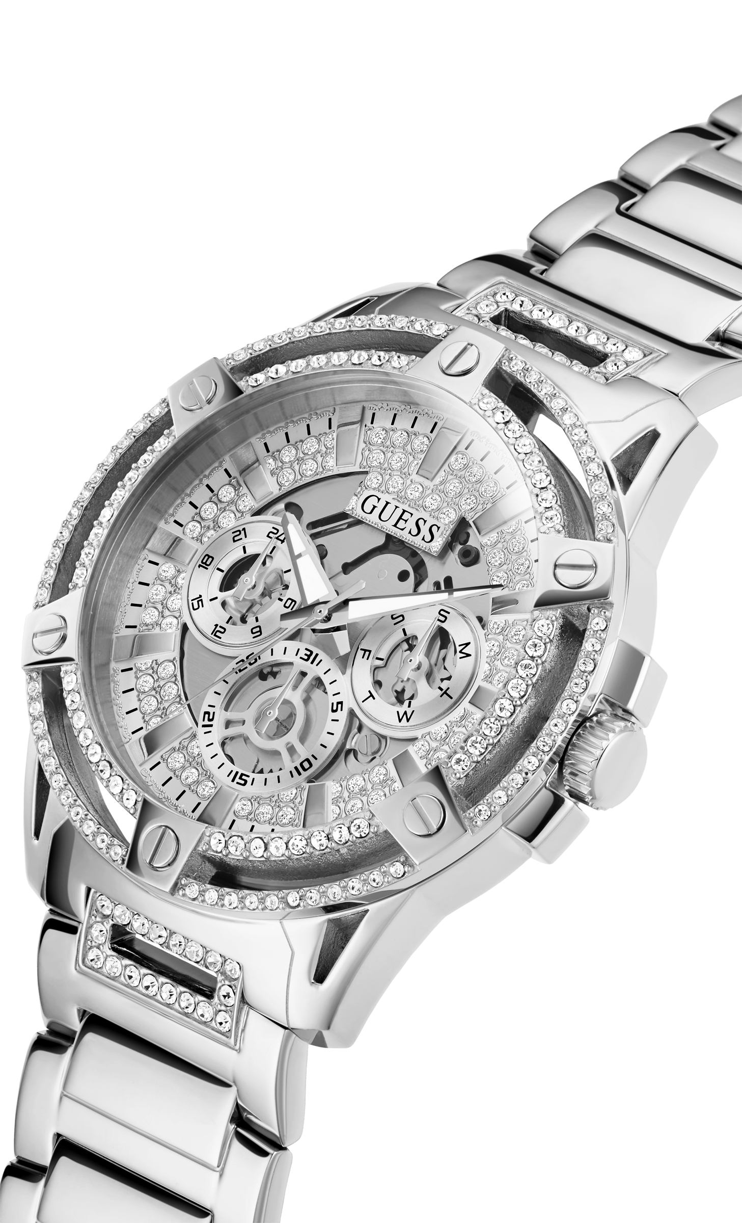Guess King Quartz Silver Dial Silver Steel Strap Watch For Men - GW0497G1