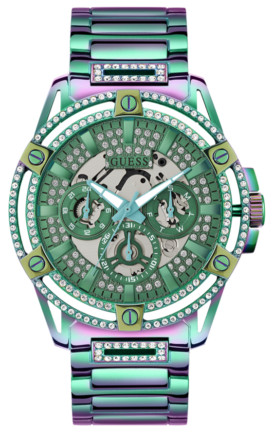 Guess King Iridescent Multifunction Multicolor Dial Purple Steel Strap Watch For Men - GW0497G3