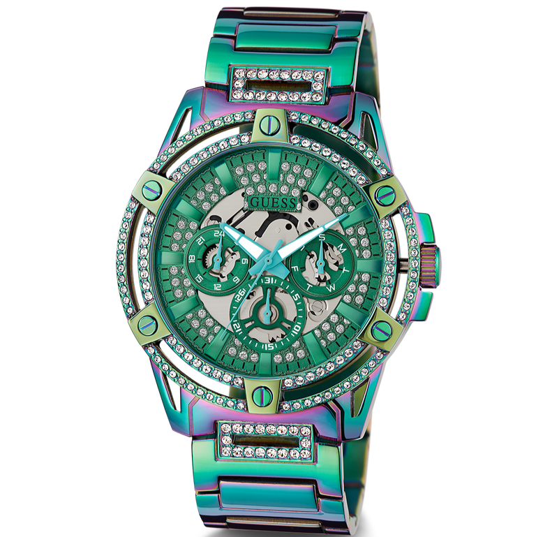 Guess King Iridescent Multifunction Multicolor Dial Purple Steel Strap Watch For Men - GW0497G3