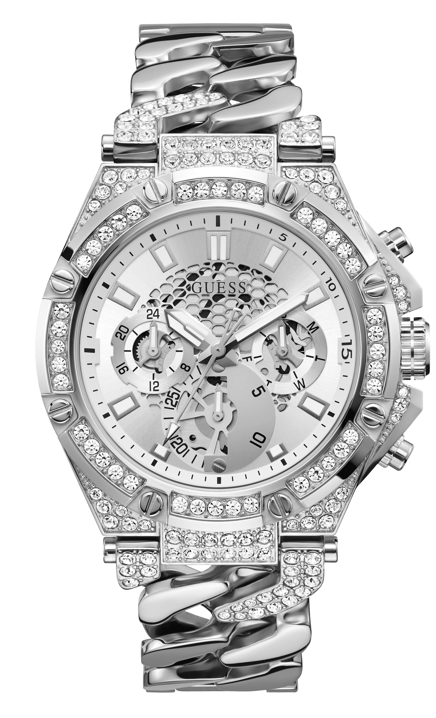 Guess King Quartz Silver Dial Silver Steel Strap Watch For Men - GW0497G1