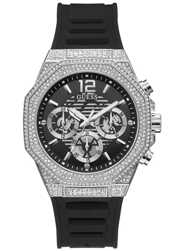 Guess Momentum Chronograph Crystals Black Dial Black Silicone Strap Watch For Men - GW0518G1