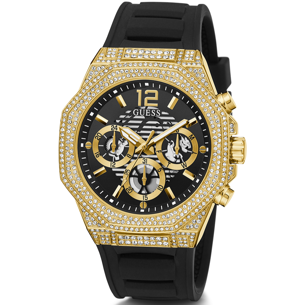 Guess Momentum Chronograph Diamonds Black Dial Black Silicone Strap Watch For Men - GW0518G2