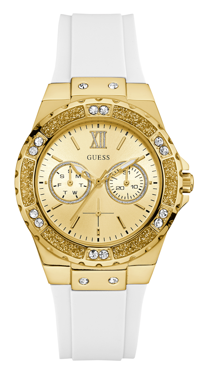 Guess Multifunction Gold Dial White Rubber Strap Watch for Women - GW0519L2