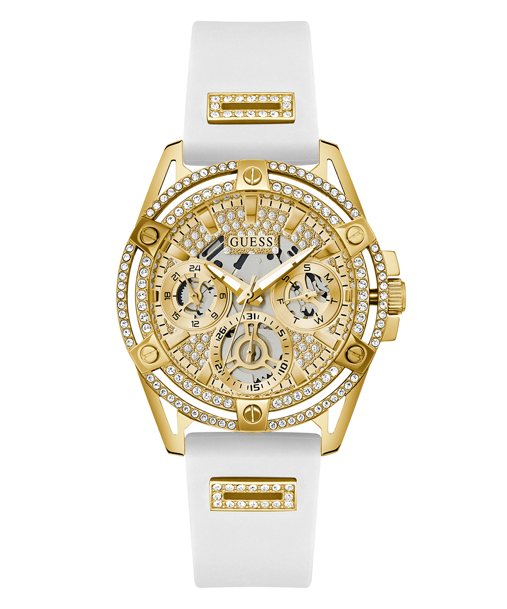 Guess Queen Quartz Gold Dial White Silicone Strap Watch For Women - GW0536L2