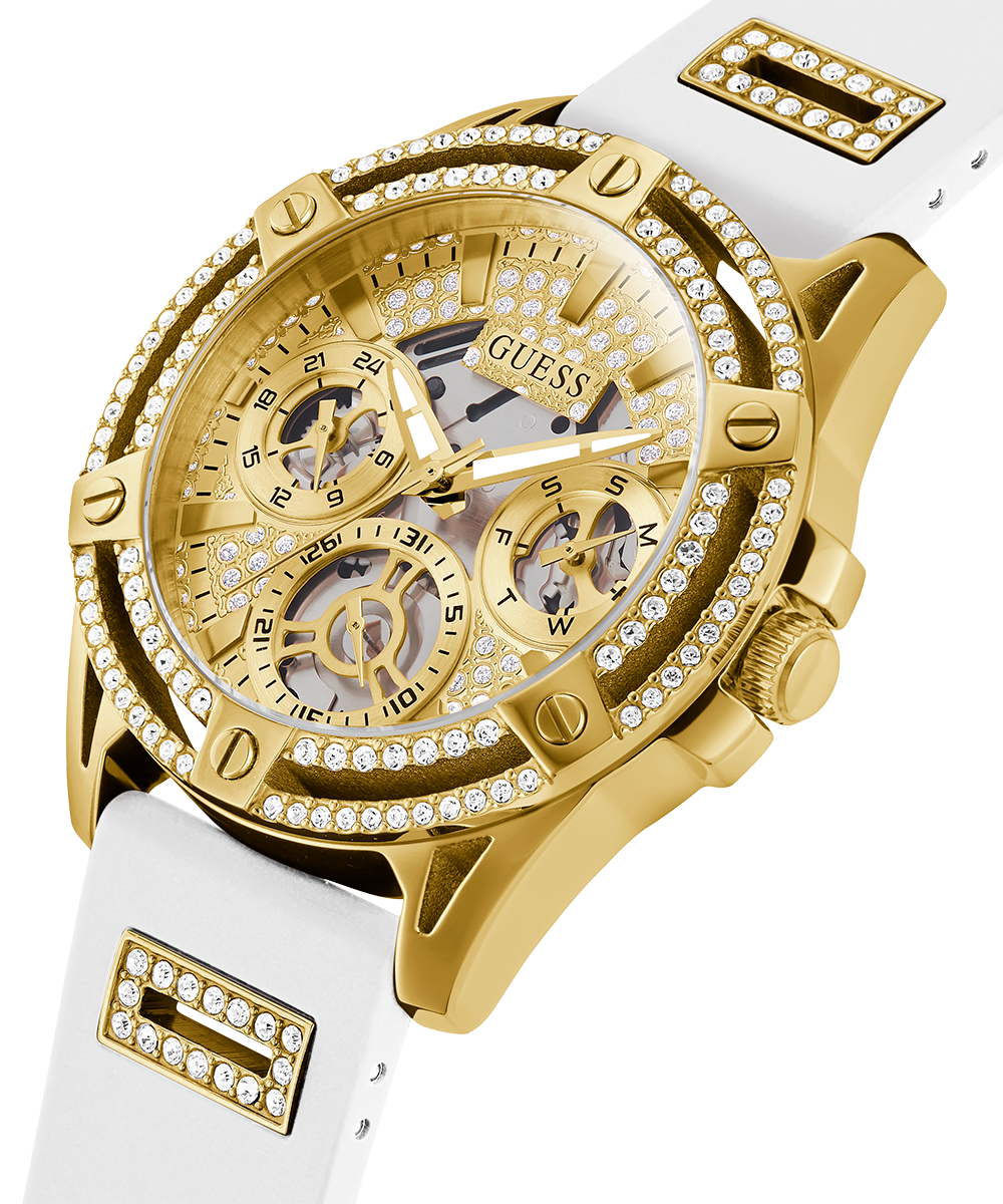 Guess Queen Quartz Gold Dial White Silicone Strap Watch For Women - GW0536L2
