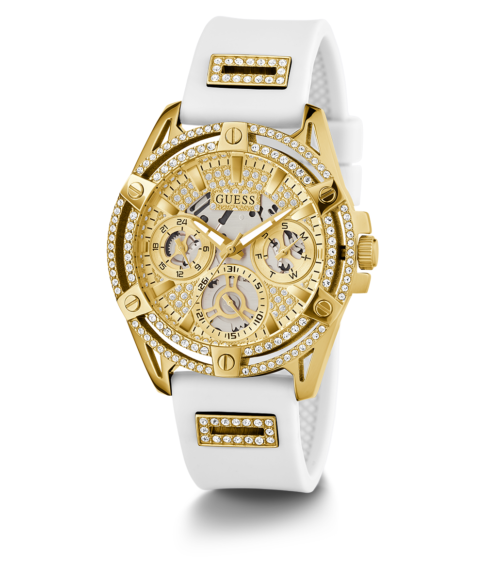 Guess Queen Quartz Gold Dial White Silicone Strap Watch For Women - GW0536L2
