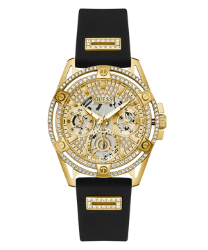 Guess Queen Quartz Gold Dial Black Silicone Strap Watch For Women - GW0536L3