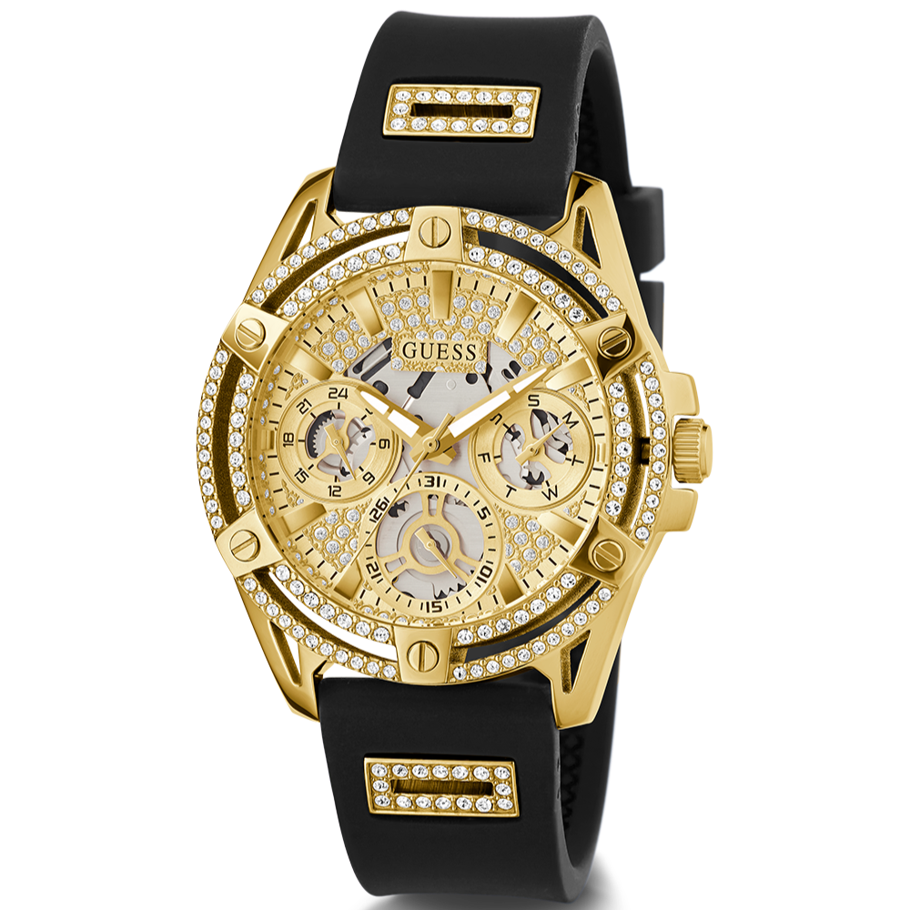 Guess Queen Quartz Gold Dial Black Silicone Strap Watch For Women - GW0536L3