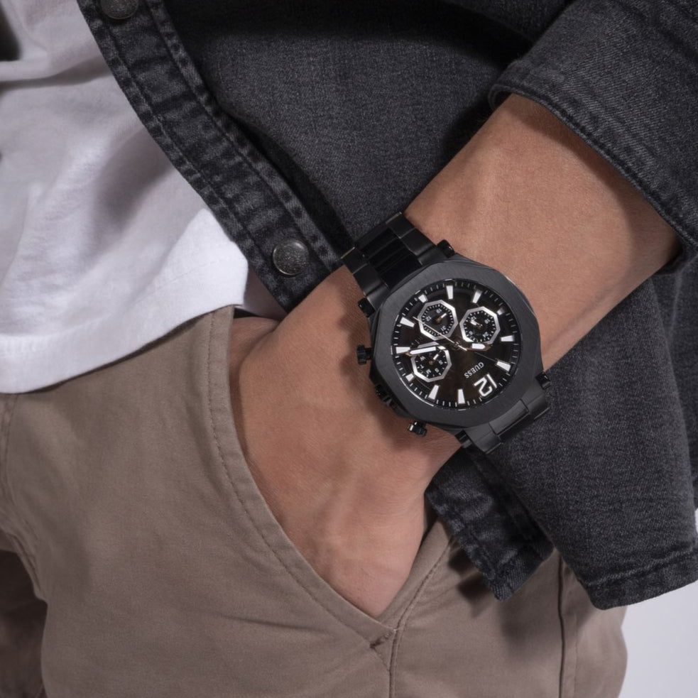 Guess Edge Chronograph Black Dial Black Steel Strap Watch For Men - GW0539G3