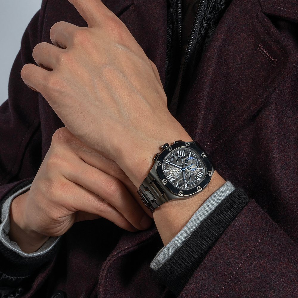 Guess Headliner Quartz Black Dial Grey Steel Strap Watch For Men - GW0572G5