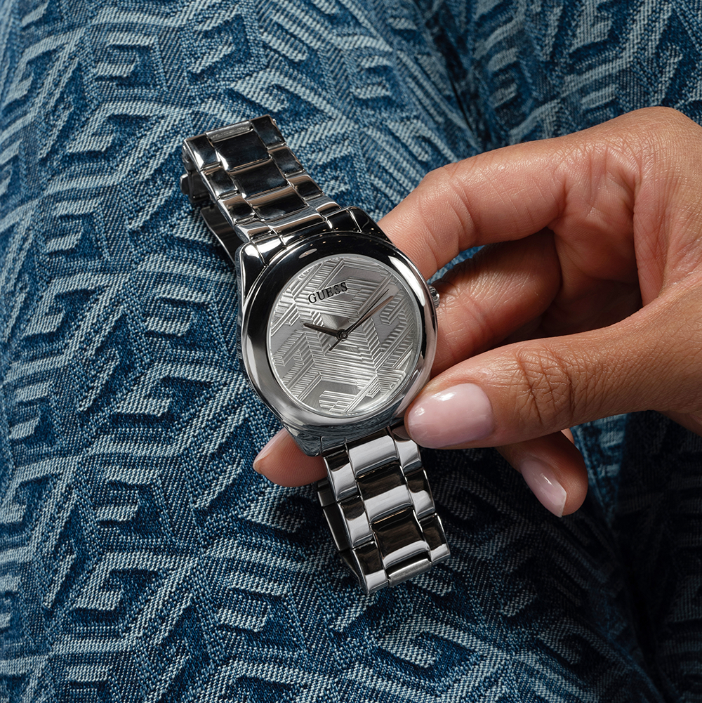 Guess Cubed Analog Silver Dial Silver Steel Strap Watch For Women - GW0606L1