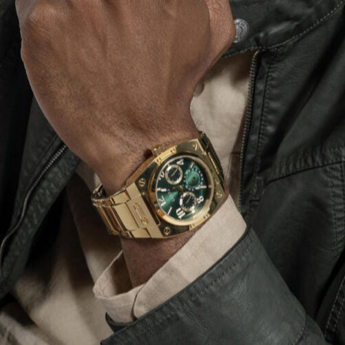 Guess Trend Analog Green Dial Gold Steel Strap Watch For Men - GW0624G2