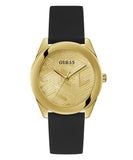 Guess Cubed Analog Gold Dial Black Silicone Strap Watch For Women - GW0665L1