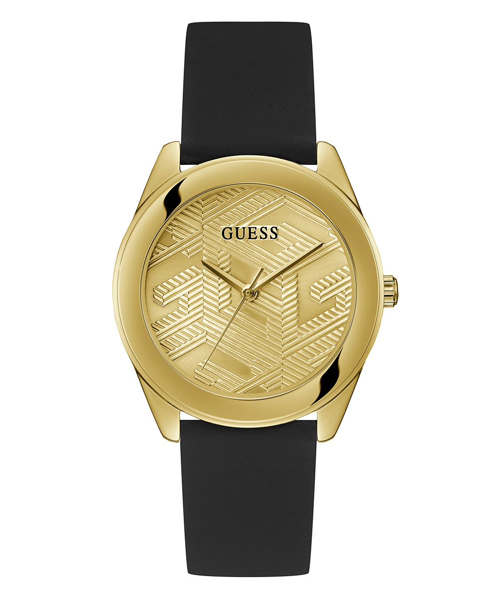 Guess Cubed Analog Gold Dial Black Silicone Strap Watch For Women - GW0665L1