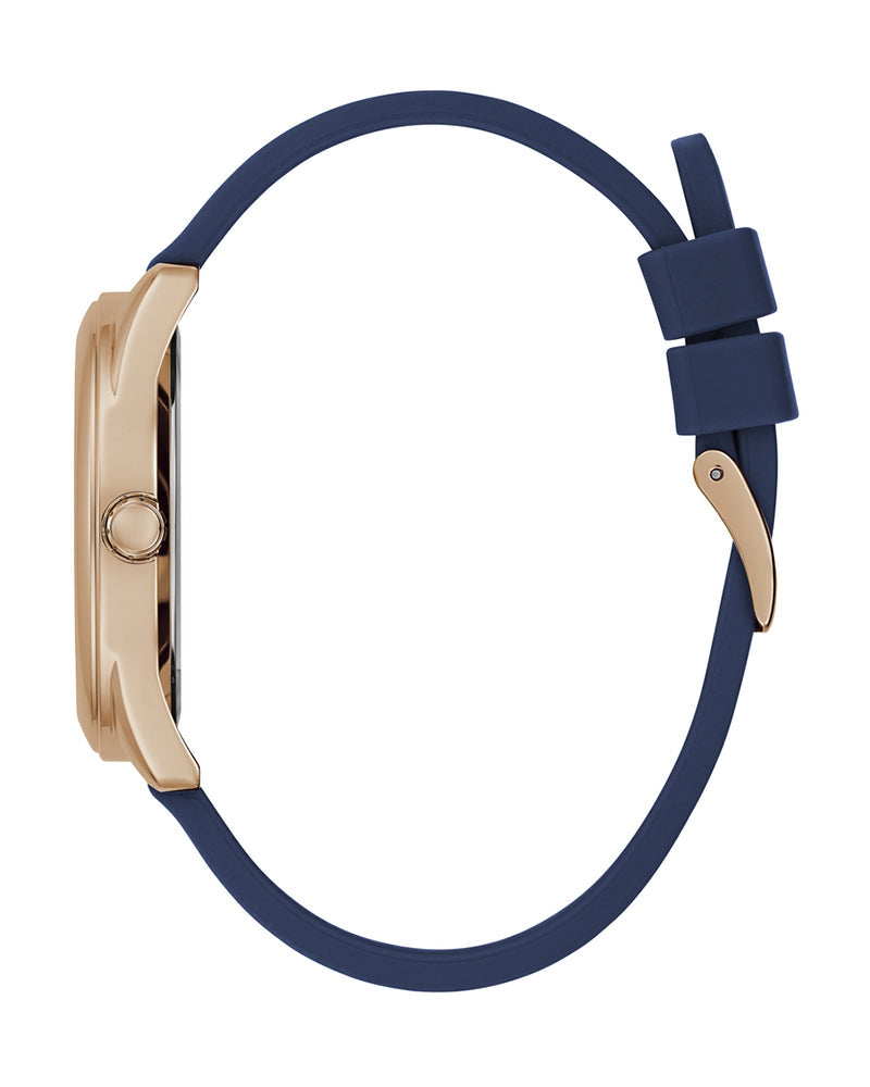 Guess Cubed Analog Rose Gold Dial Blue Leather Strap Watch For Women - GW0665L2