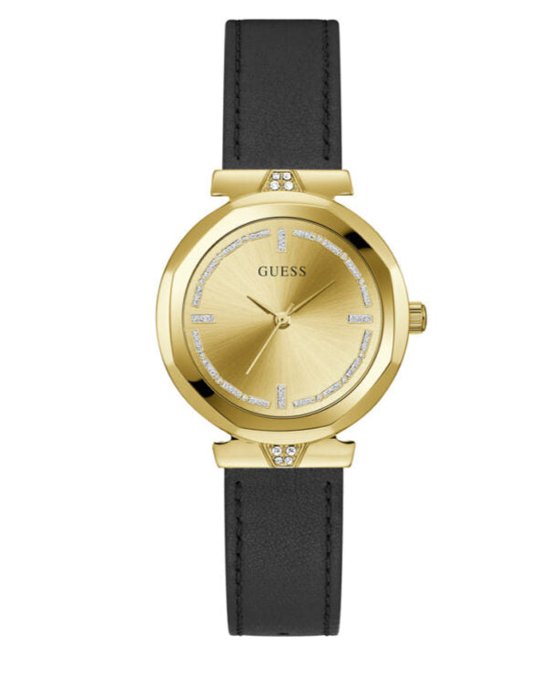Guess Rumour Quartz Gold Dial Black Leather Strap Watch For Women - GW0689L2