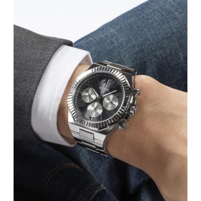 Guess Equity Analog Black Dial Silver Steel Strap Watch For Men - GW0703G1