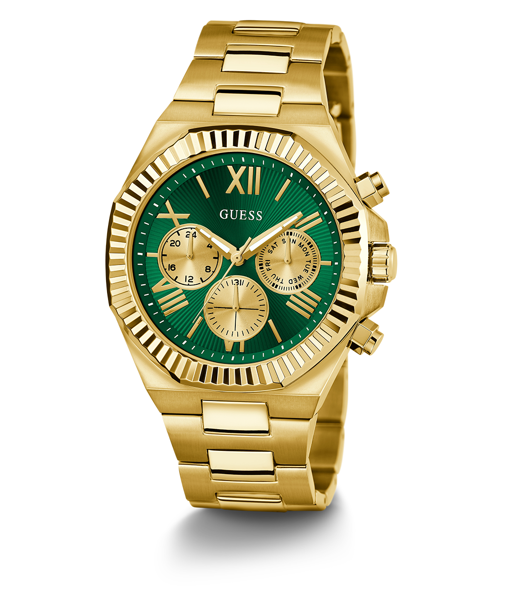 Guess Equity Analog Green Dial Gold Steel Strap Watch For Men - GW0703G2