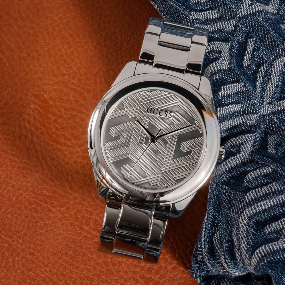 Guess Cubed Analog Silver Dial Silver Steel Strap Watch For Women - GW0606L1