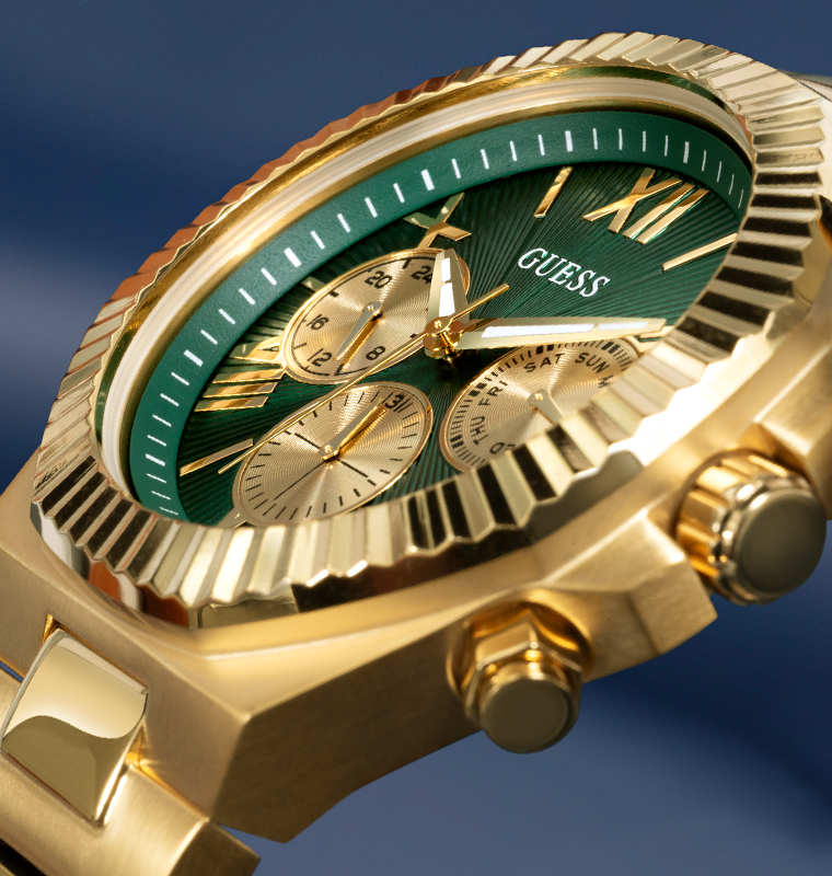 Guess Equity Analog Green Dial Gold Steel Strap Watch For Men - GW0703G2