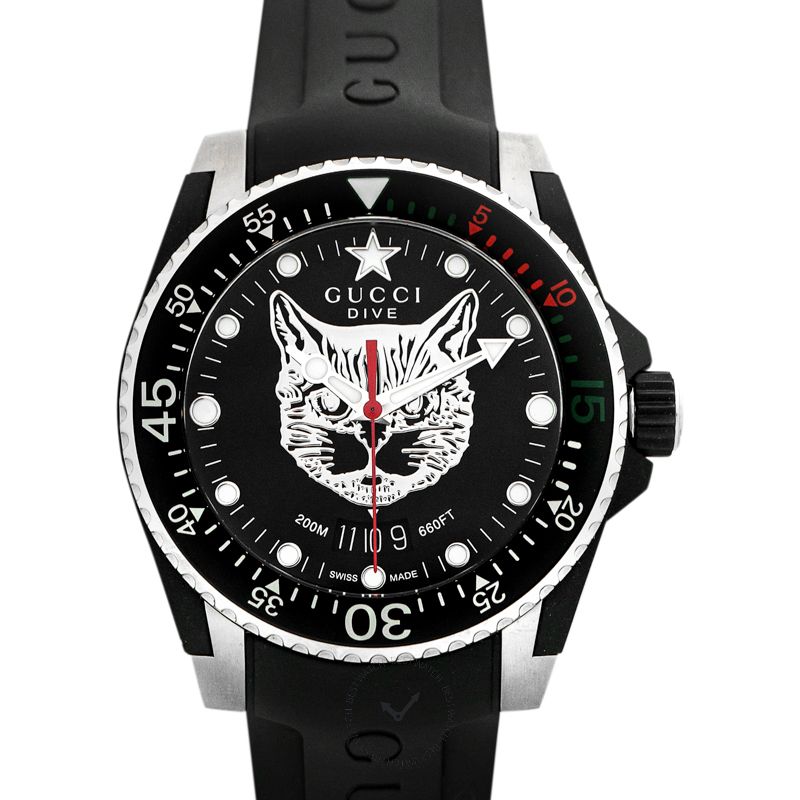 Gucci Dive Feline Black Dial Black Rubber Strap Watch For Men - YA136320