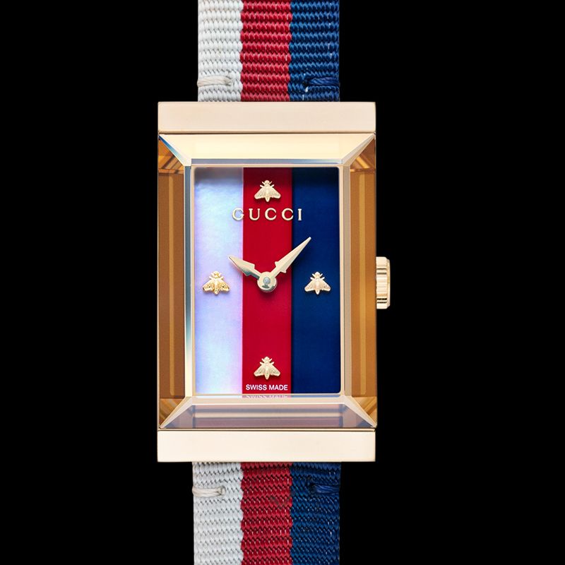 Gucci G-Frame Mother of Pearl Dial White Blue Red Nylon Strap Watch For Women - YA147405