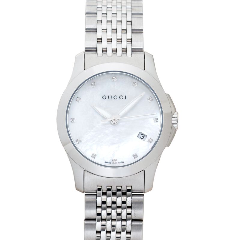 Gucci G Timeless Diamonds Mother of Pearl Dial Silver Steel Strap Watch For Women - YA126504