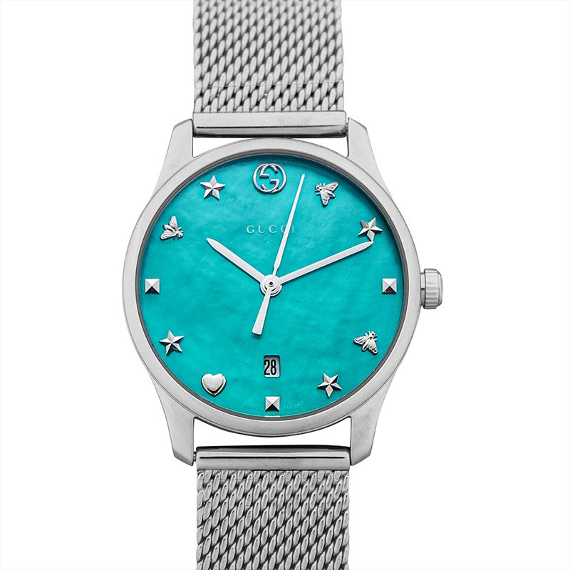 Gucci G-Timeless Turquoise Mother of Pearl Dial Silver Mesh Bracelet Watch For Women - YA126582