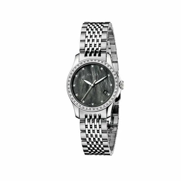 Gucci G Timeless Diamonds Mother of Pearl Black Dial Silver Mesh Bracelet Watch For Women - YA126507